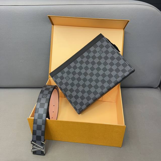 Louisvuitton 路易威登二合一套盒 腰带 手拿包 男士精品百搭款 优质合金扣头 高品质 全套包装 礼盒