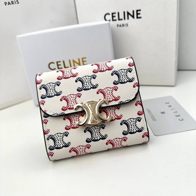 Celine 16337颜色 红蓝印花尺寸11*10*5Celine短式钱包非常炫美的一个系列 专柜同步 采用头层牛皮 精致时尚