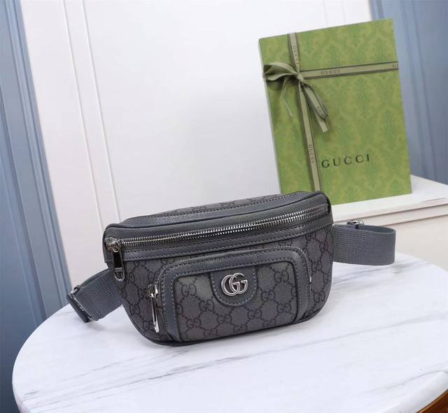 Gucci 古奇 礼盒包装 Ophidia系列腰包 灰色和黑色gg帆布 可调节尼龙织带背带 配金属搭扣 款号682933灰胶尺寸 23X12X2.5Cm