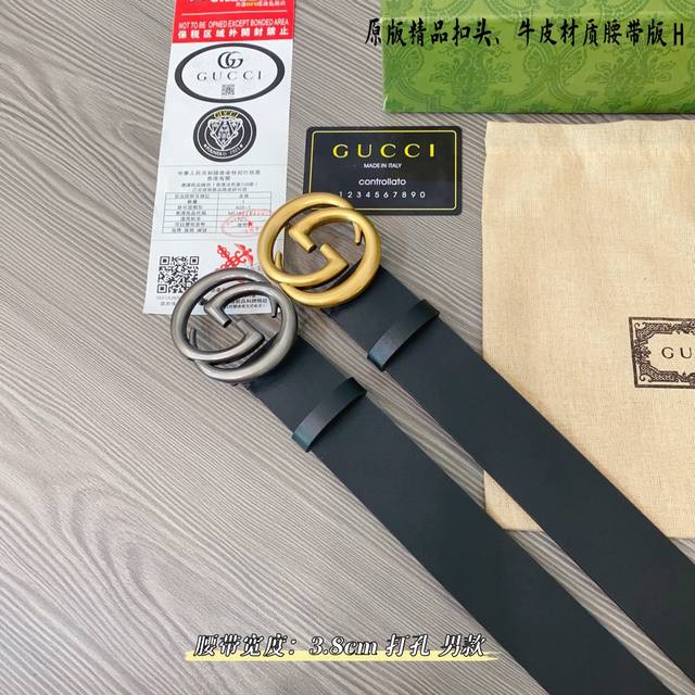 原版品质打孔 品牌：古奇g家 男款 颜色：黑 扣头：金 银 扣头：原版精品纯铜五金扣头 带身：原版牛皮 尺寸：宽约：3.8Cm 长约：95Cm-125Cm 类别