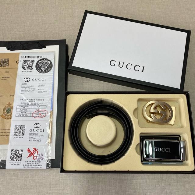 G特惠款 ☆雙扣禮盒套裝 含禮盒 專櫃有售 古馳gucci專櫃在售正品 此款採用定制牛皮製作 油邊細緻、長度剪裁。正品開模 搭配原版仿銅扣五金 3.5Cm规格