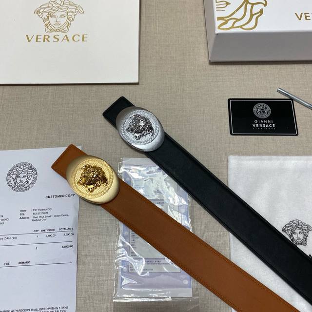 品牌：范思哲Versace 钢扣 等级：原单私货.进口头层牛皮，专柜售、堪比正品！油边精致 电脑车线 手感柔软.实物拍摄无修饰 上身效果超好、长度不可裁剪.配专